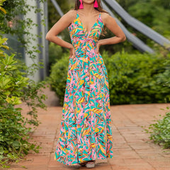 Summer V Neck Brace Printing Elegant A Swing Maxi Dress