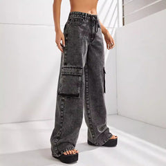 Women High Waist Large Pocket Denim Jeans