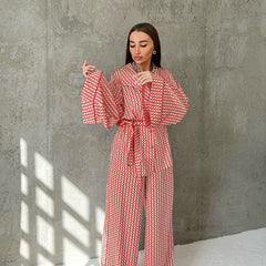 Autumn Artificial Silk Printed Long Sleeved Pajamas Set