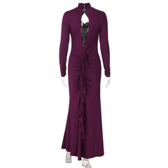 Women High Collar Cutout Pleated Long Sleeve Dress