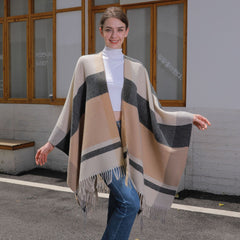 Women's Plaid Jacquard Scarf Cloak Tassel Split Shawl