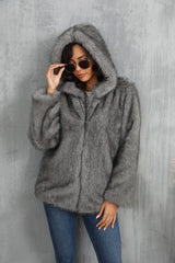 Solid Color Loose Hooded Short Fur Collar Coat