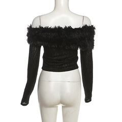 Women off Neck Sexy Fur Collar Long Sleeve T Shirt Pants Set