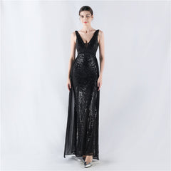 Women Floral Sequin with Cloak Craft Beaded Evening Dress