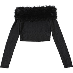 Women off Neck Sexy Fur Collar Long Sleeve T Shirt Pants Set