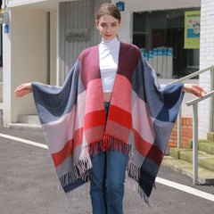 Women Classic Jacquard Tassel Slit Knitted Cape Plaid Shawl