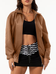 Women Long Sleeve Collared Loose Leather Jacket