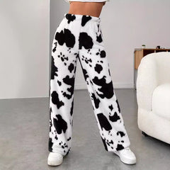 Cow Pattern High Waist Casual Furry Trousers