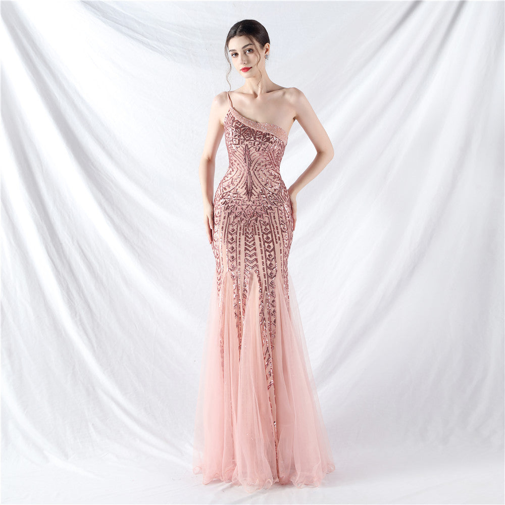 Elegant One Shoulder Beaded Floral Sequin Mesh Evening Dress