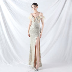 Elegant Ostrich Feather Sequin Evening Dress