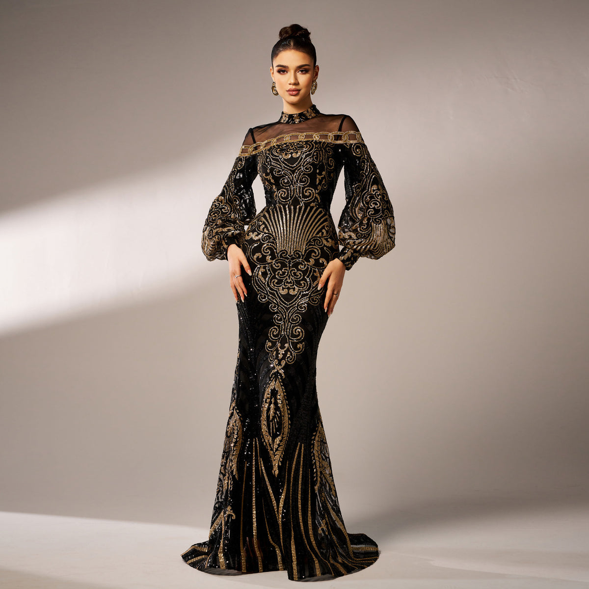 Long Sleeve Sequined Lace Mesh Printed Evening Dress