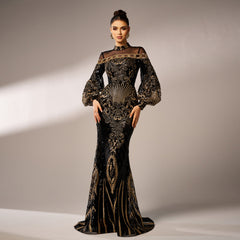 Long Sleeve Sequined Lace Mesh Printed Evening Dress