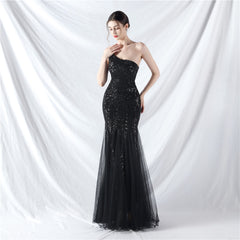 Elegant One Shoulder Beaded Floral Sequin Mesh Evening Dress