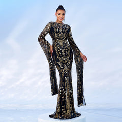 Long Sleeve Crew Neck Sequined Cocktail Evening Dress