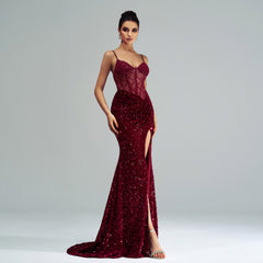 Elegant Cutout Boning Sequined Evening Dress