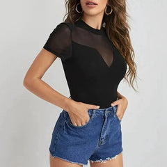 Elegant Black Short Sleeve Mesh Patchwork Bodysuit