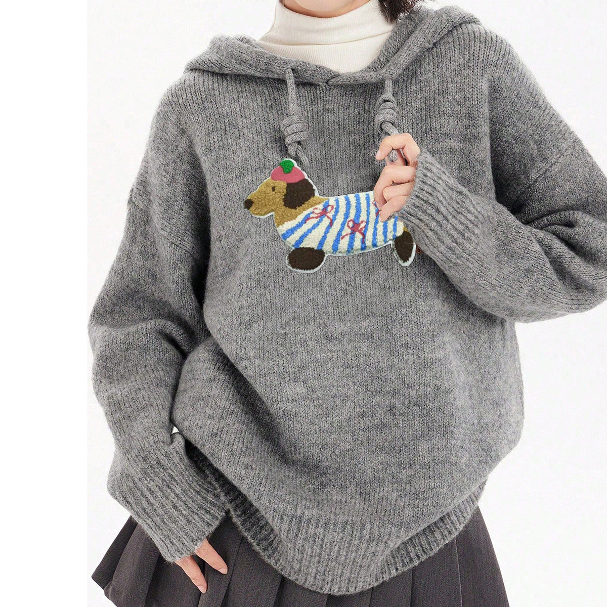 Sausage Dog Towel Embroidery Hooded Pullover Sweater