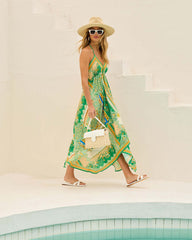 Women Spaghetti Strap Floral Print Fairy Long Dress