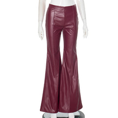 Women Faux Leather Stitching Tight Flared Pants