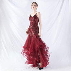 Elegant Mesh Floral Sequin V-Neck Evening Dress