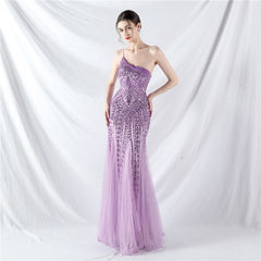 Elegant One Shoulder Beaded Floral Sequin Mesh Evening Dress