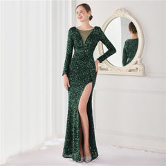 Elegant Long Sleeve Sequined Fishtail Evening Dress