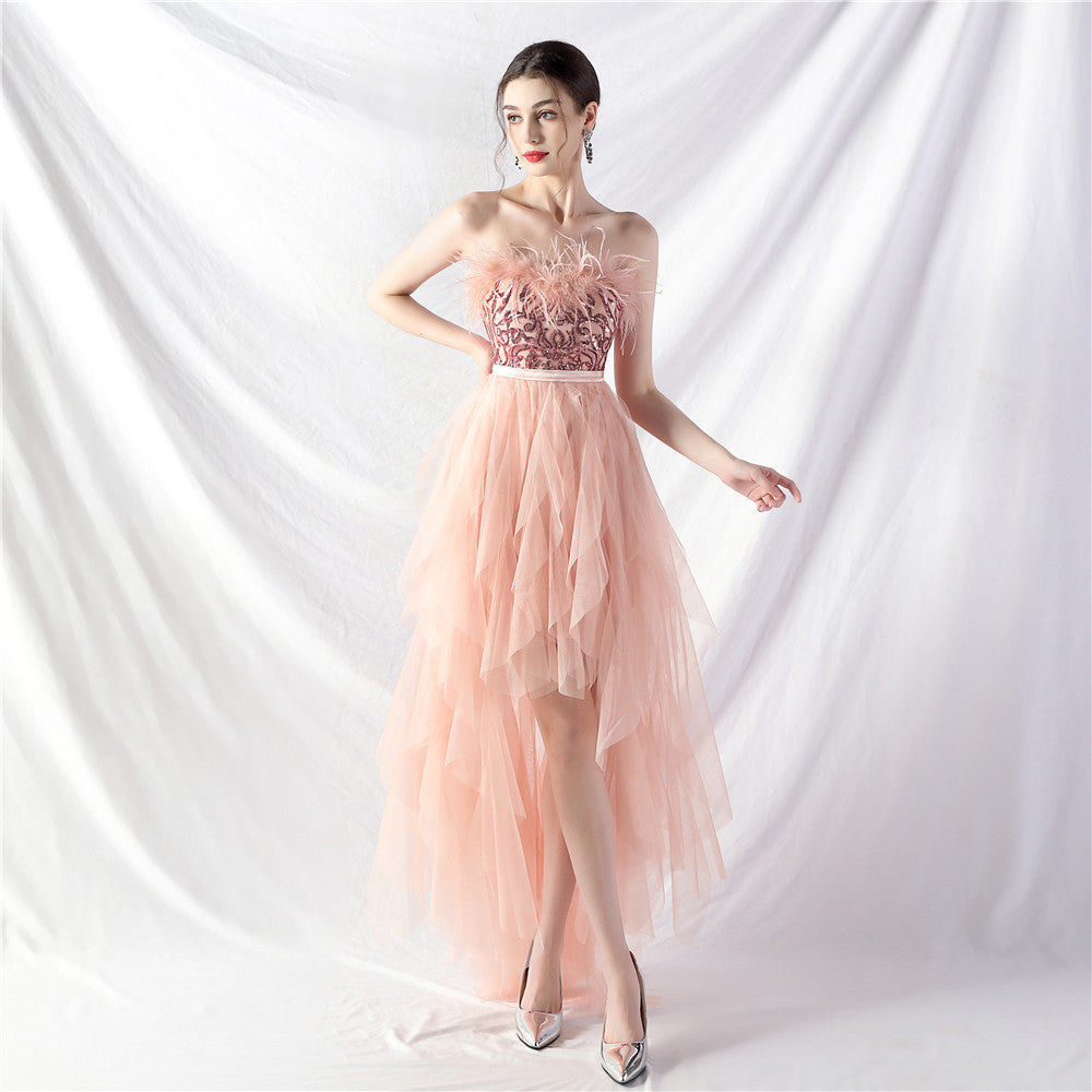 Elegant Feather Floral Sequin Mesh Evening Dress