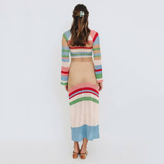 Women Colorful Contrast Color Long-Sleeved Knitted Dress