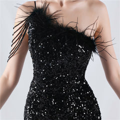 Elegant Feather Beaded Sequin One Shoulder Evening Dress