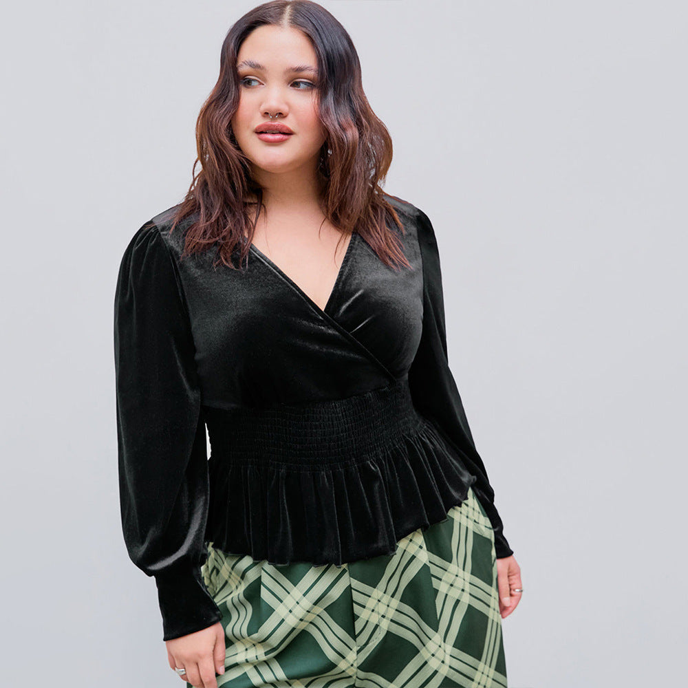 Plus Size Velvet Elegant Slim Long Sleeve Top