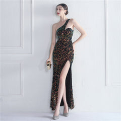 Elegant Velvet Bottom Sequin One Shoulder Evening Dress