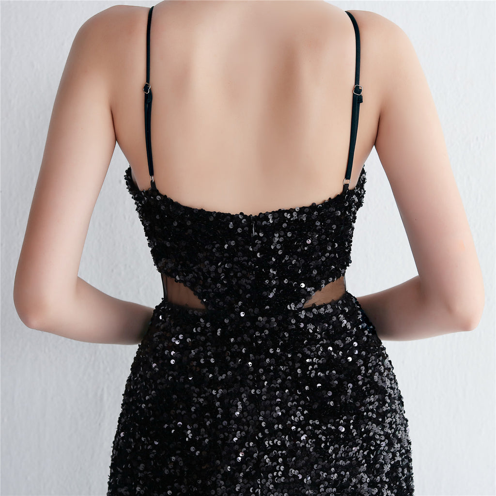 REVCHIC LUXE Elegant Halter Sequin Ruched Maxi Gown