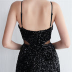 REVCHIC LUXE Elegant Halter Sequin Ruched Maxi Gown