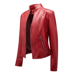 Women Stand Collar Casual Leather Motorcycle Jacket