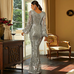 Elegant Long Sleeve Sequined Evening Dress