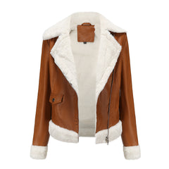 Long Sleeves Turn down Collar Fleece Leather Jacket