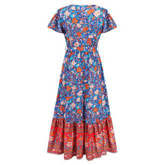 Summer V neck Ruffle Sleeve Boho Floral Print Maxi Dress