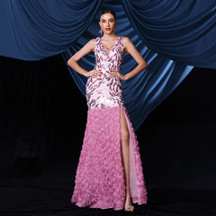 Elegant V neck Sequined Fishtail Evening Dress