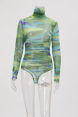 Long Sleeve Turtleneck See Through Printed Bodysuit