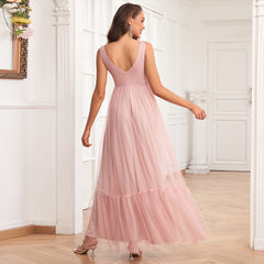 Elegant Double V neck Sleeveless Tulle Full Lining Evening Dress