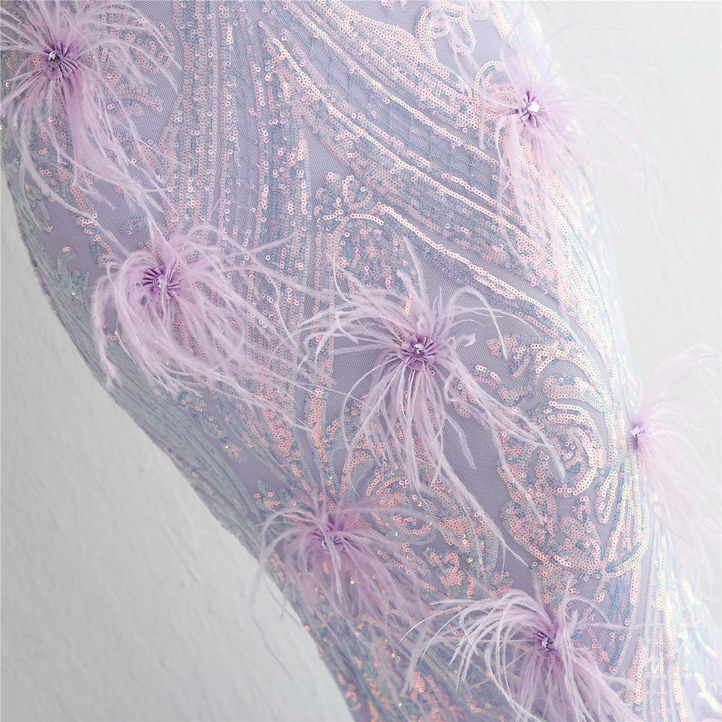 REVCHIC LUXE Elegant V-Neck Feather Sequin Maxi Gown