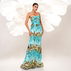 Elegant Bandeau Sequin Fishtail Evening Dress