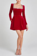 Elegant Square Collar Diamond Short Velvet Formal Dress