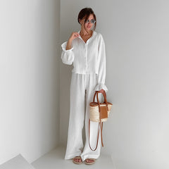 Fall White Pure Cotton Long Sleeve Pajamas Two Piece Set