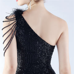 Elegant Gradient Sequin Beaded Feather Evening Dress