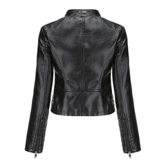 Women Rivets Leather Short Thin Stand Collar Jacket