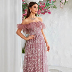 Off Shoulder Embroidery Slim Fit Evening Dress