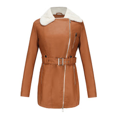 Long Sleeved Fleece Leather Double Headed Zipper Coat With Belt