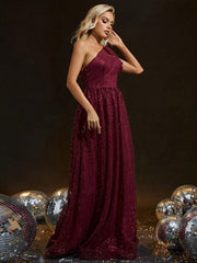 Elegant Tie Neck Sequined One Shoulder Evening Dress