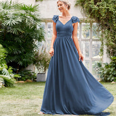 Long V neck Backless Chiffon Evening Dress